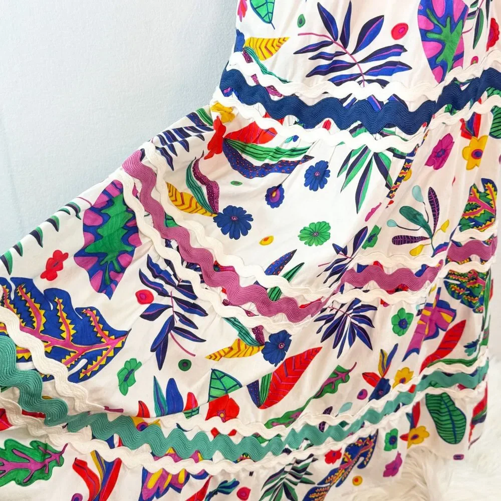 Celia B | Jade Dress | tropical floral print tiered maxi skirt trim | Sz S - Picture 12 of 14